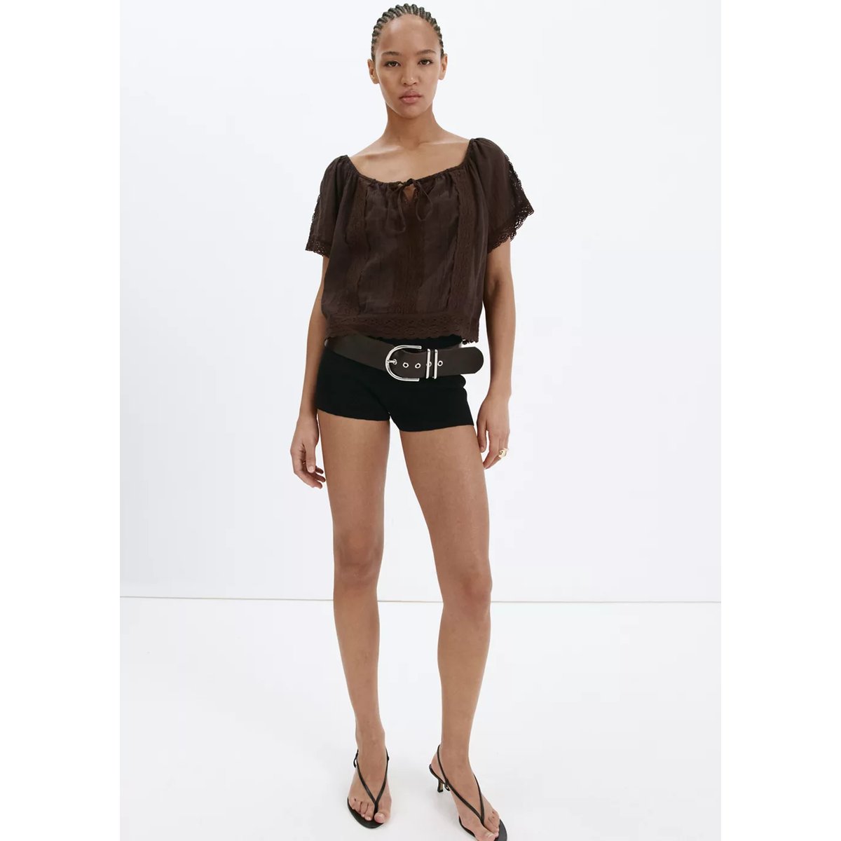 Blouse en coton et dentelle marron, MANGO