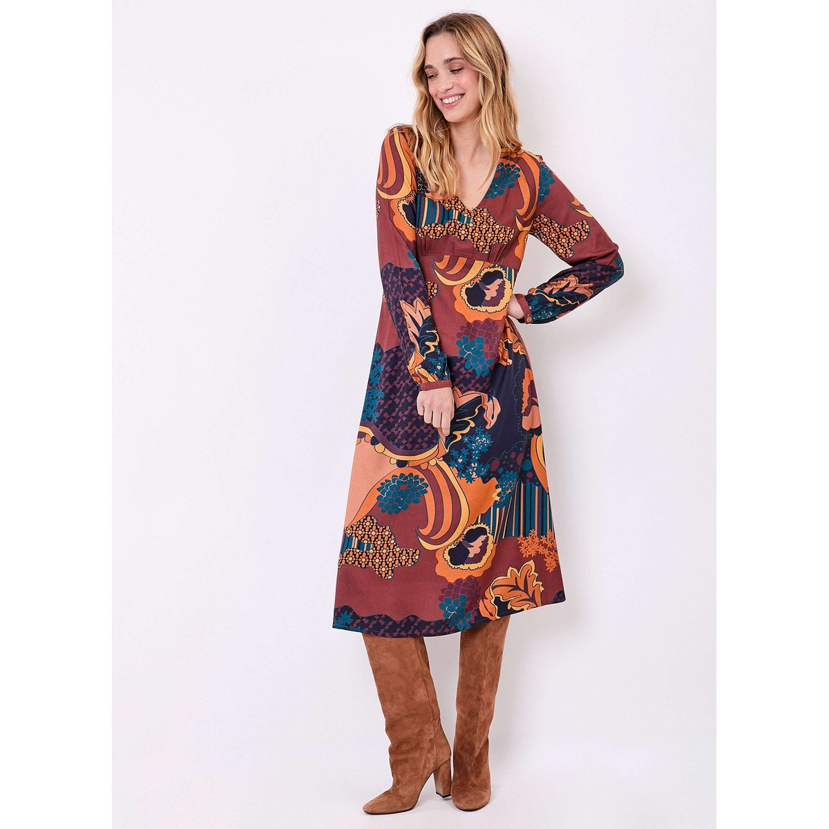 Robe midi fluide imprimée col V LAMANA marron bleu marine preeti, LA FIANCÉE