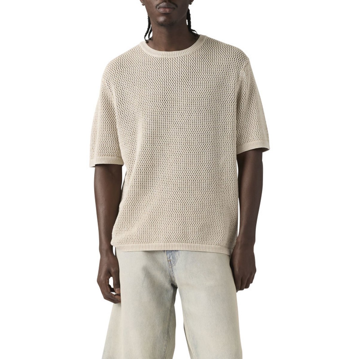 T-shirt en coton écru uni avec une coupe droite et un col rond bord côte beige, LEVI'S