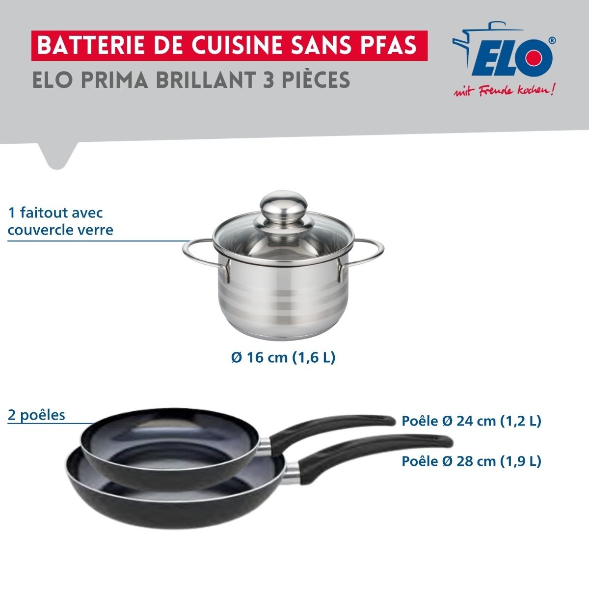 Batterie 2 poêles 24/28cm + 1 faitout 16cm PRIMA BRILLANT noir, ELO