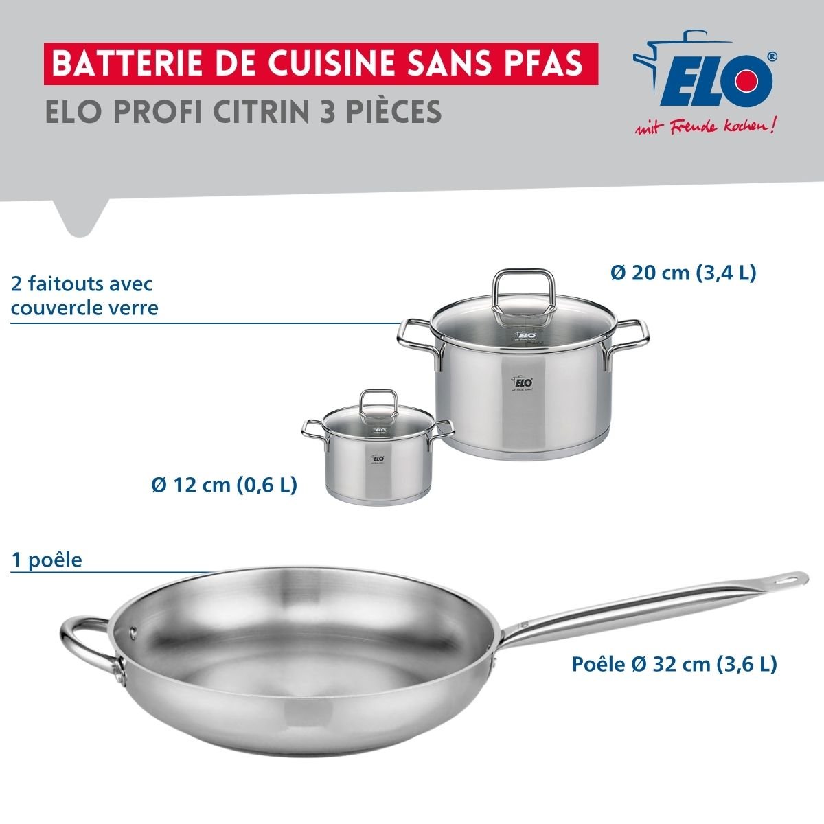 Batterie 1 poêle 32cm + 2 faitouts 12/20cm PROFI CITRIN gris, ELO