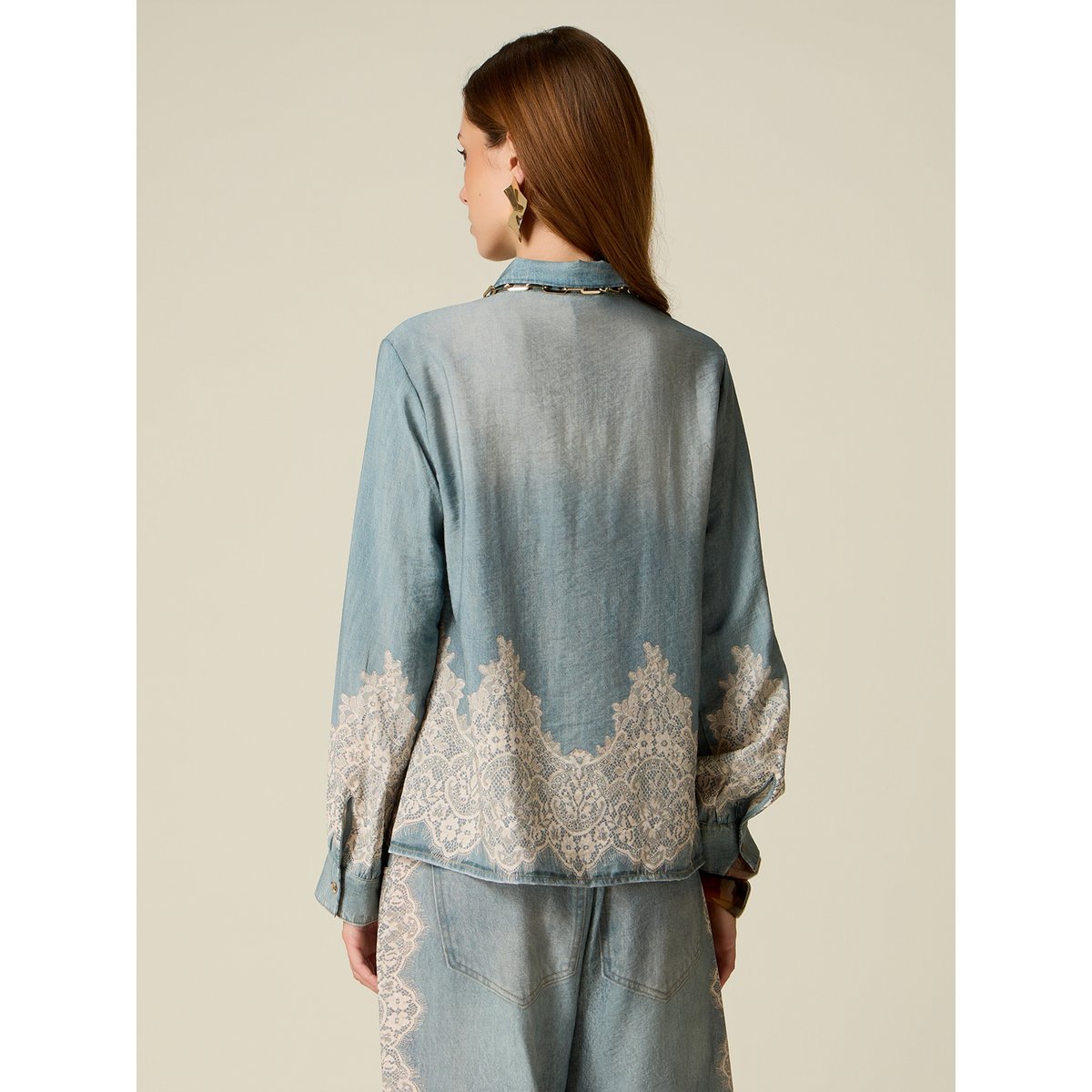 Chemise effet denim avec dentelle light - blue, OLTRE