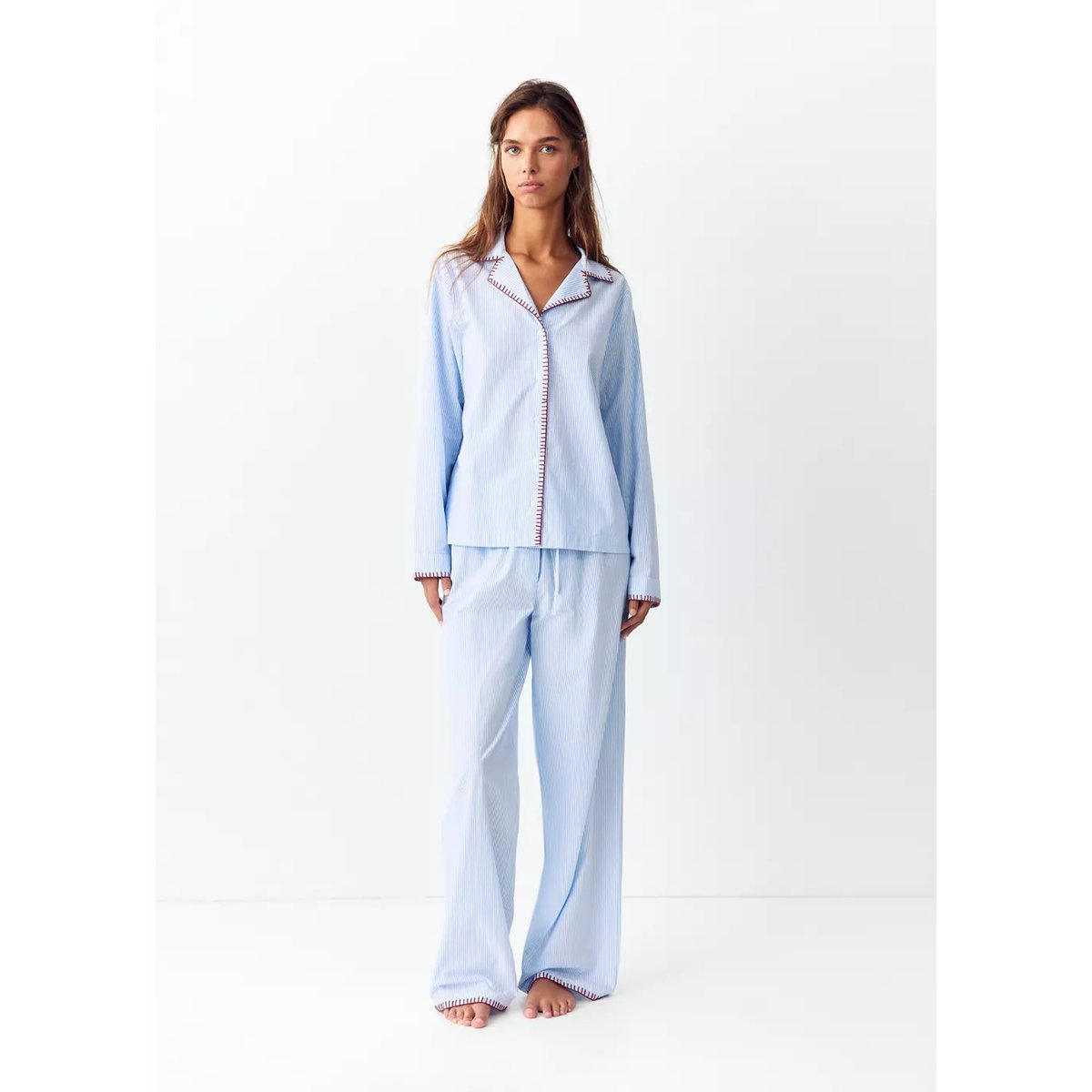 Pyjama complet à rayures avec détails surpiqués bleu, MANGO TEEN