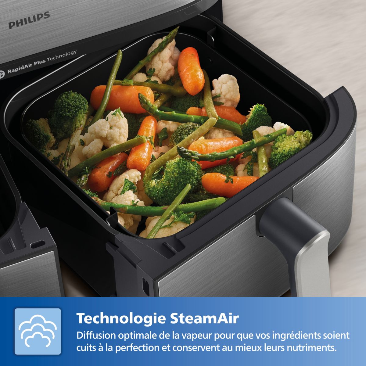 Airfryer NA555/00 friteuse sans huile double panier + vapeur Métal, Série 5000 9L (3+6L) couleur unique, PHILIPS