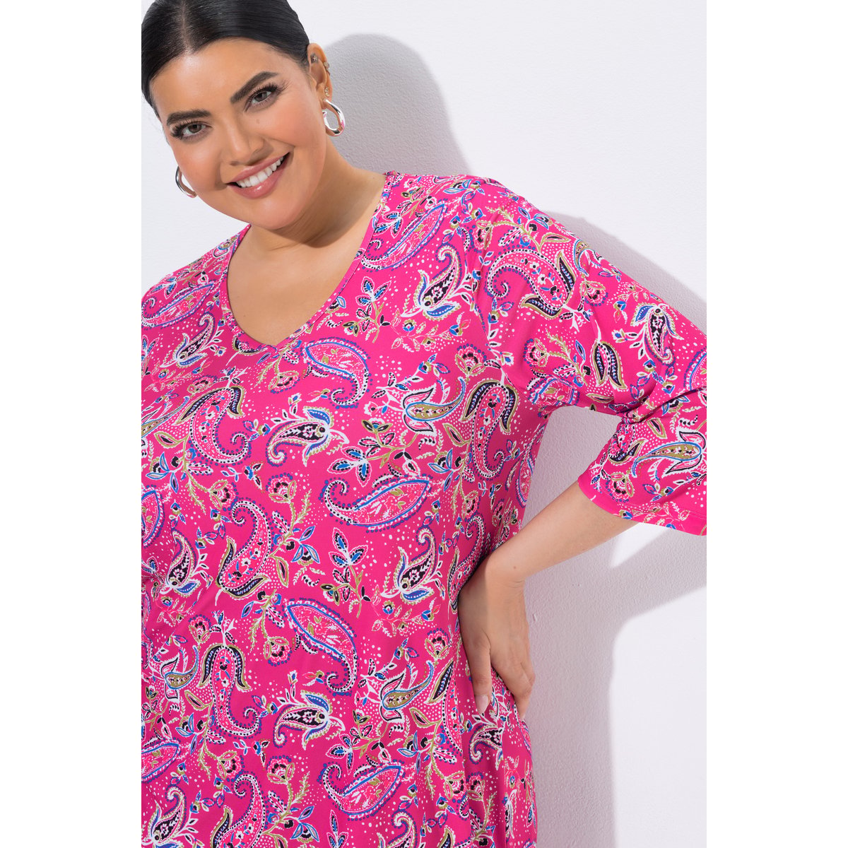 T-shirt long motif cachemire fuchsia clair, ULLA POPKEN
