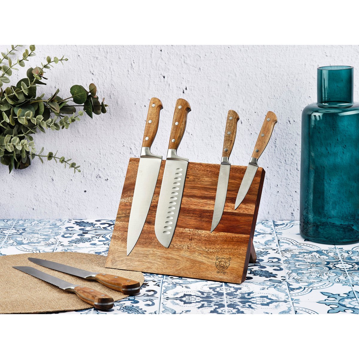 Lot de 7 couteaux de cuisine en inox, NUDE inox mat et bois, BJORN
