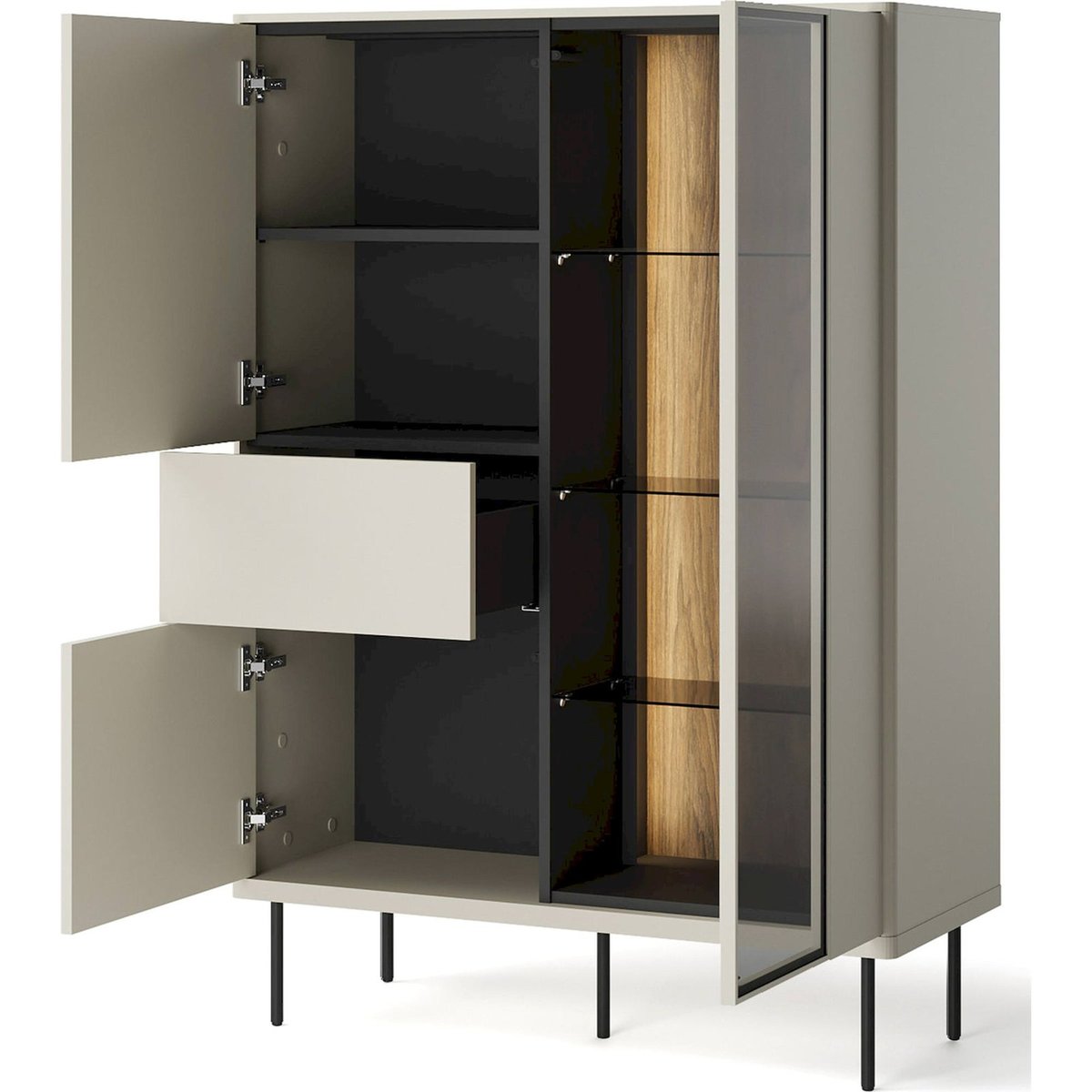 Vitrine haute EPIRO avec éclairage LED beige grisé et chêne foncé, RECOLLECTION
