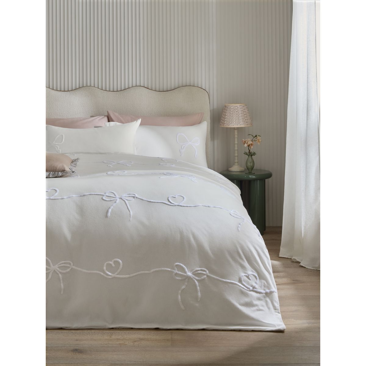 Parure housse et taie en coton brossé tufté blanc, NEXT