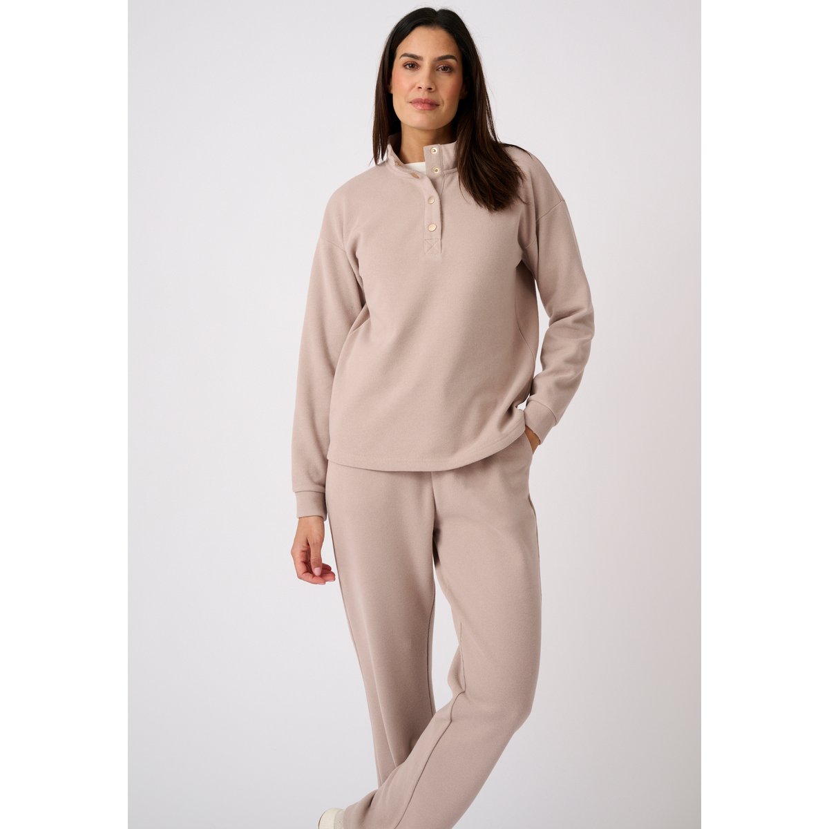 Sweat-shirt col montant pressionné côtes 1x1 gris taupe, DAMART