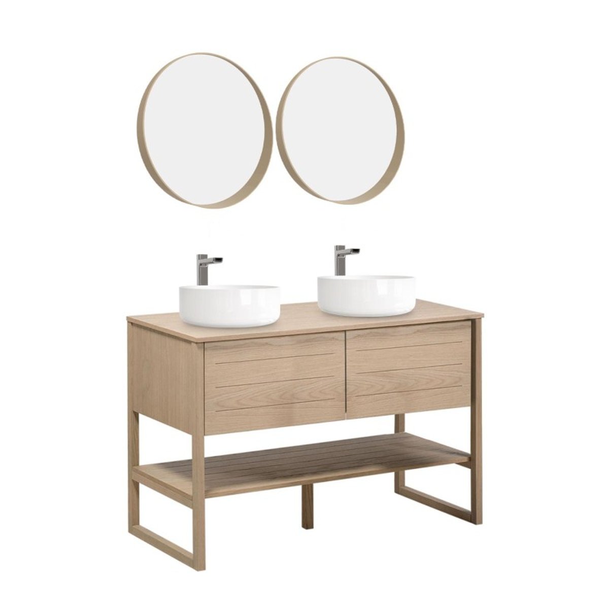 Double vasque 120cm chêne vasques rondes robinets miroir ATOLL couleur unique, MOB IN