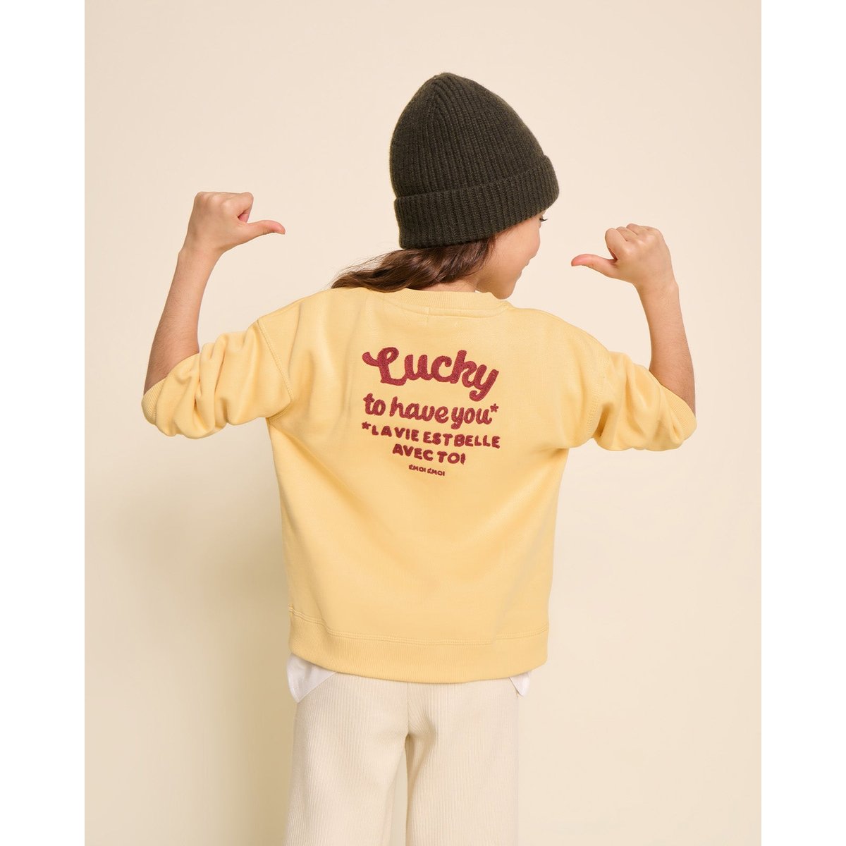 Sweat dos brodé en coton bio, LUCKY jaune - maïs, EMOI EMOI