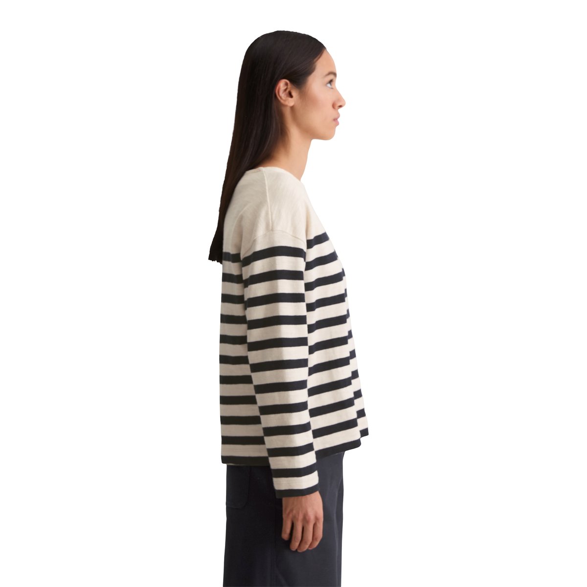 T-shirt long rayé relaxed en jersey heavy slub teint en fil bleu foncé, MARC O'POLO