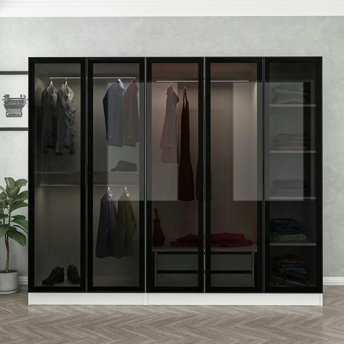Armoire penderie blanche 5 portes verre 2 tiroirs BYRON blanc, PIER IMPORT