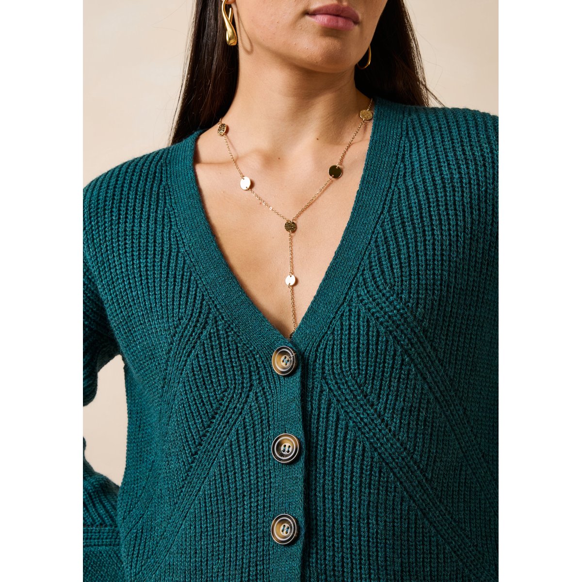 Gilet court manches longues col V petrole, LA FEE MARABOUTEE