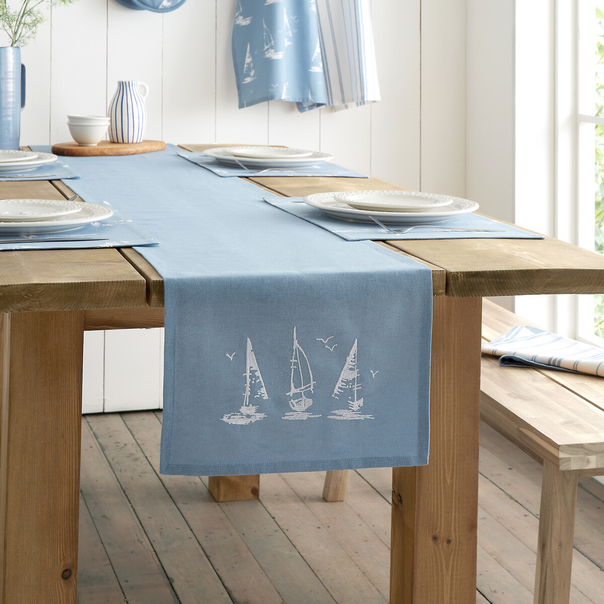 Salcombe Boats Cotton Dining Table Runner - 32X220Cm blue, CATHERINE LANSFIELD