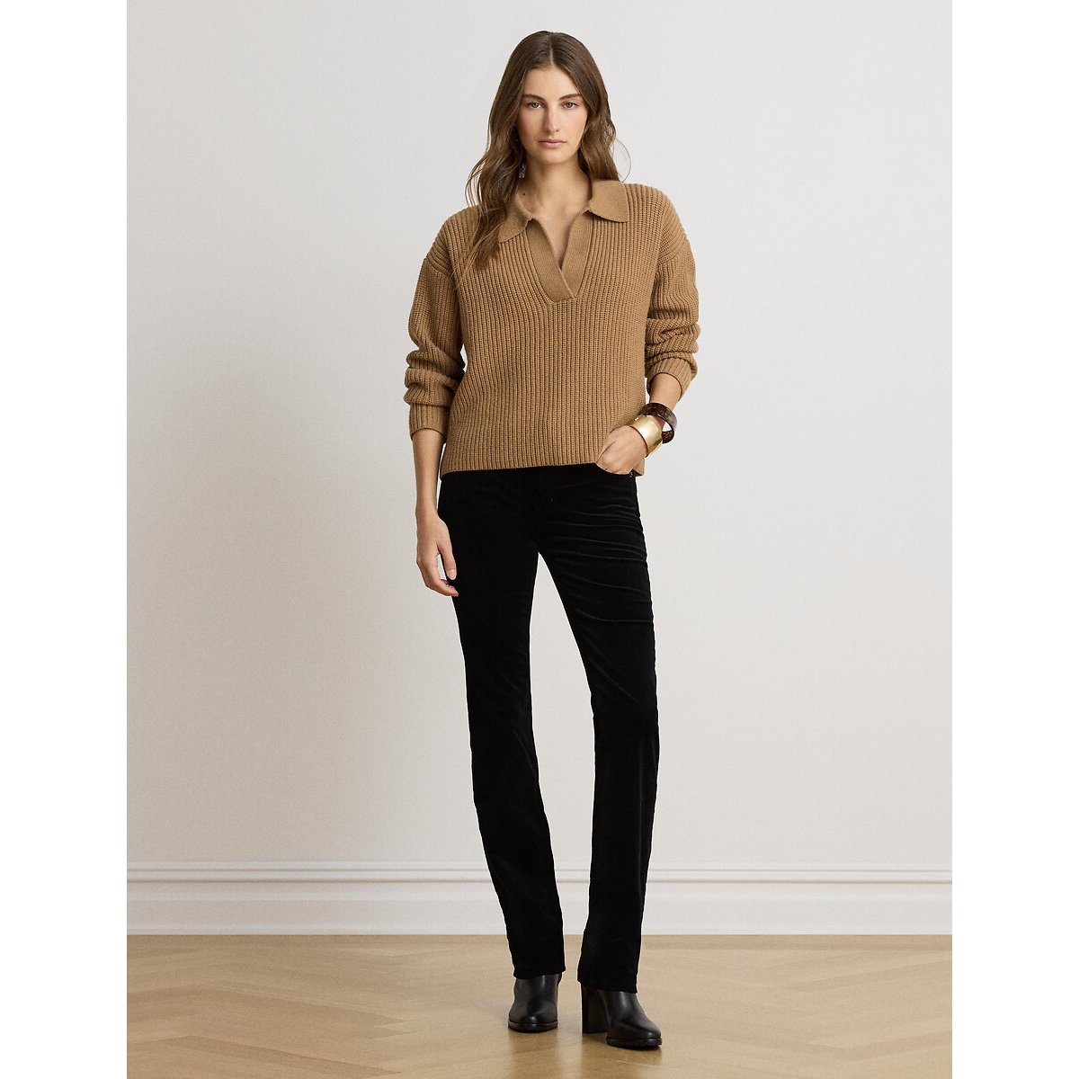 Pull col polo manches longues côtelé camel, LAUREN RALPH LAUREN