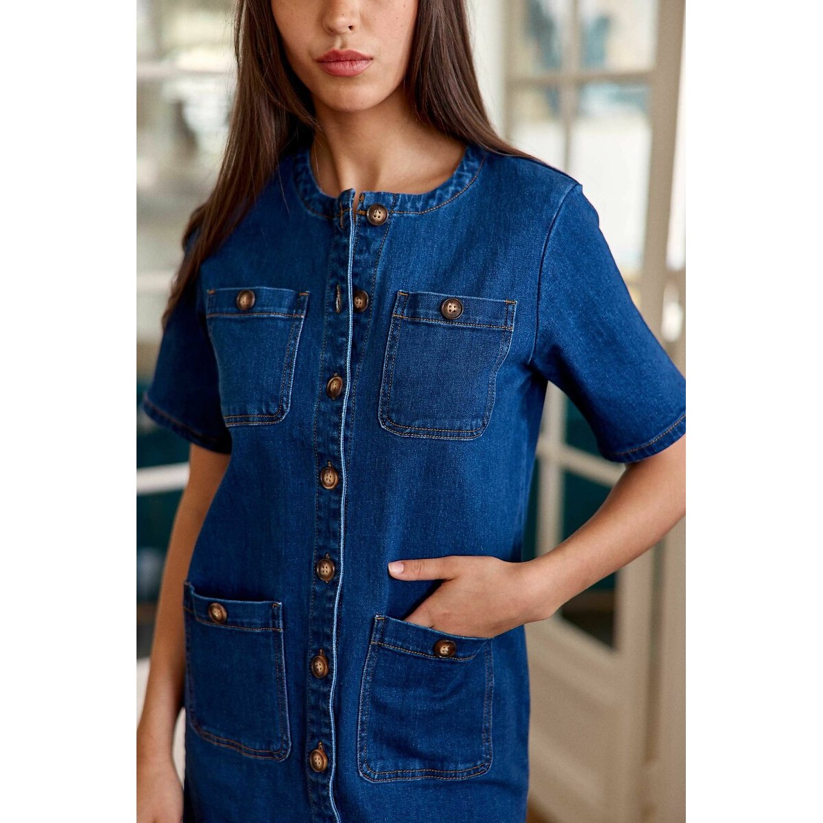 Rinda Denim Mini Dress with Short Sleeves denim, LA PETITE ETOILE