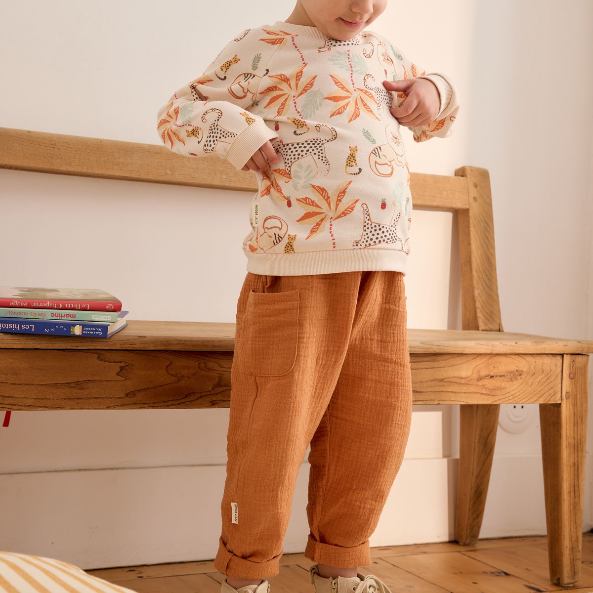 Ensemble enfant sweat et pantalon en gaze de coton Tango marron, PETIT BEGUIN