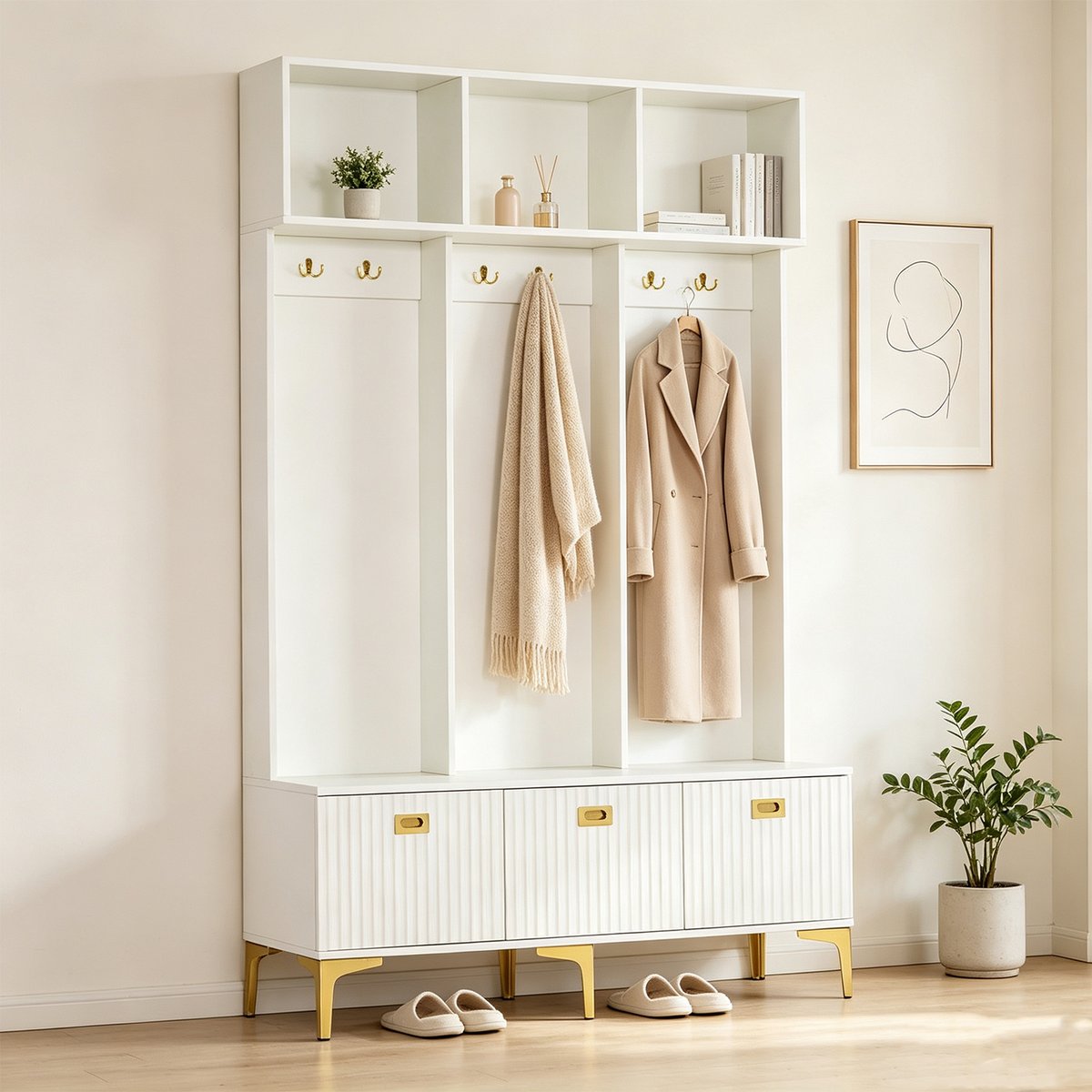 Vestiaire d'entrée avec banc et rangement, PORTER-C blanc, MEUBLES COSY