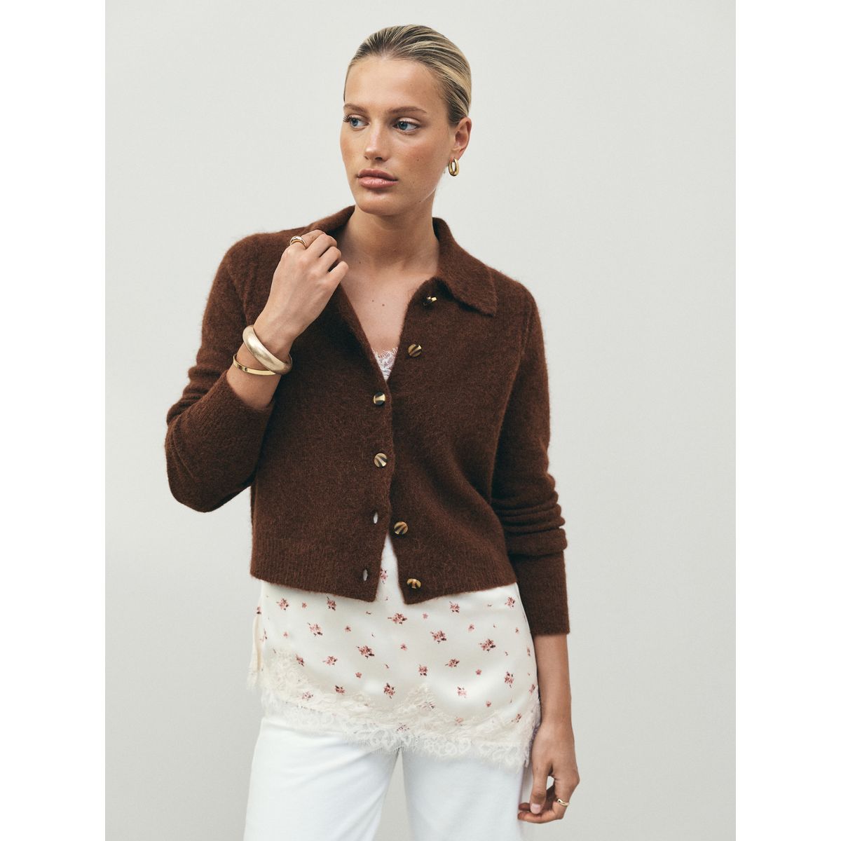 Cardigan en laine mélangée avec col maille marron, NEXT