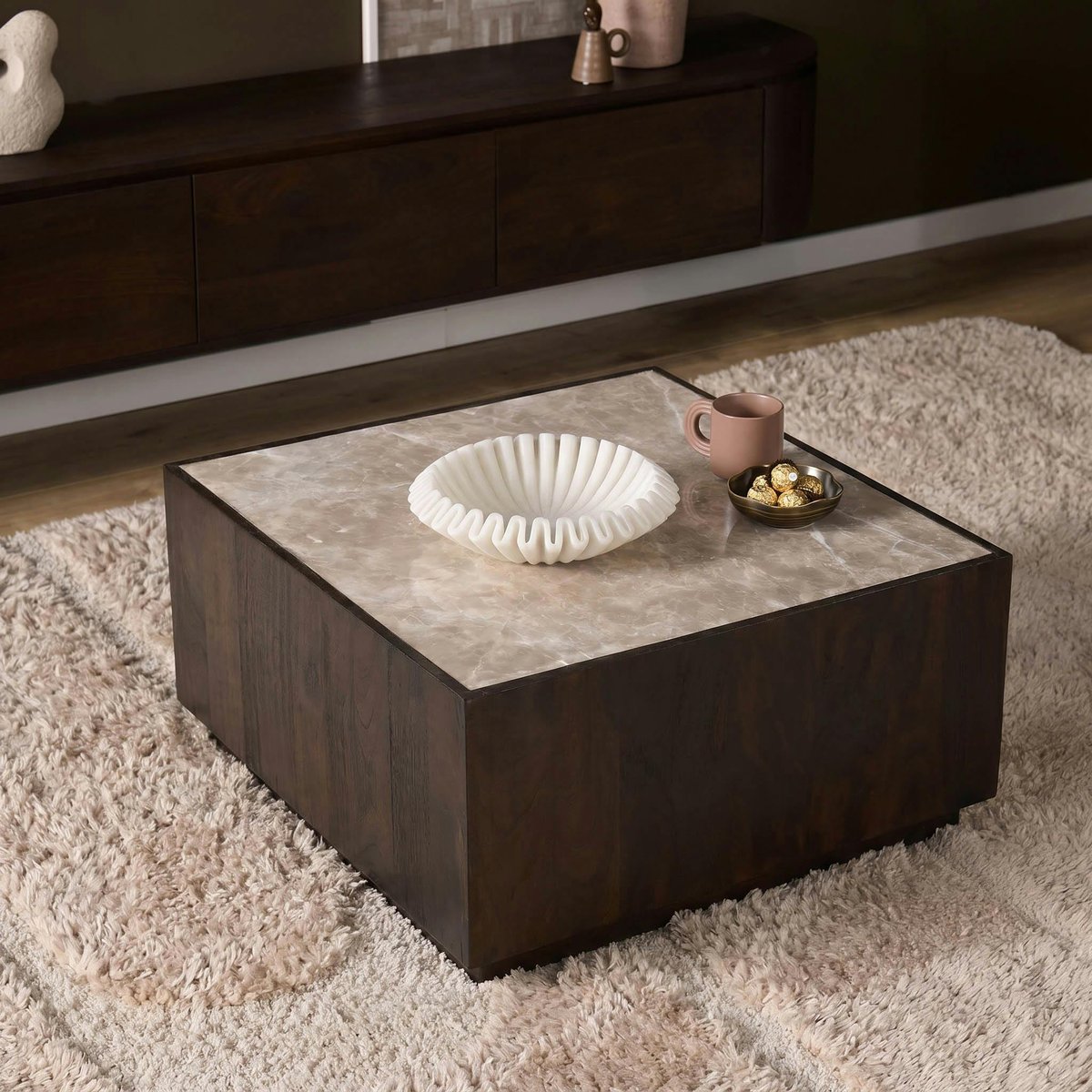 Table basse carrée en marbre et bois brun DUOMO marron, PIER IMPORT
