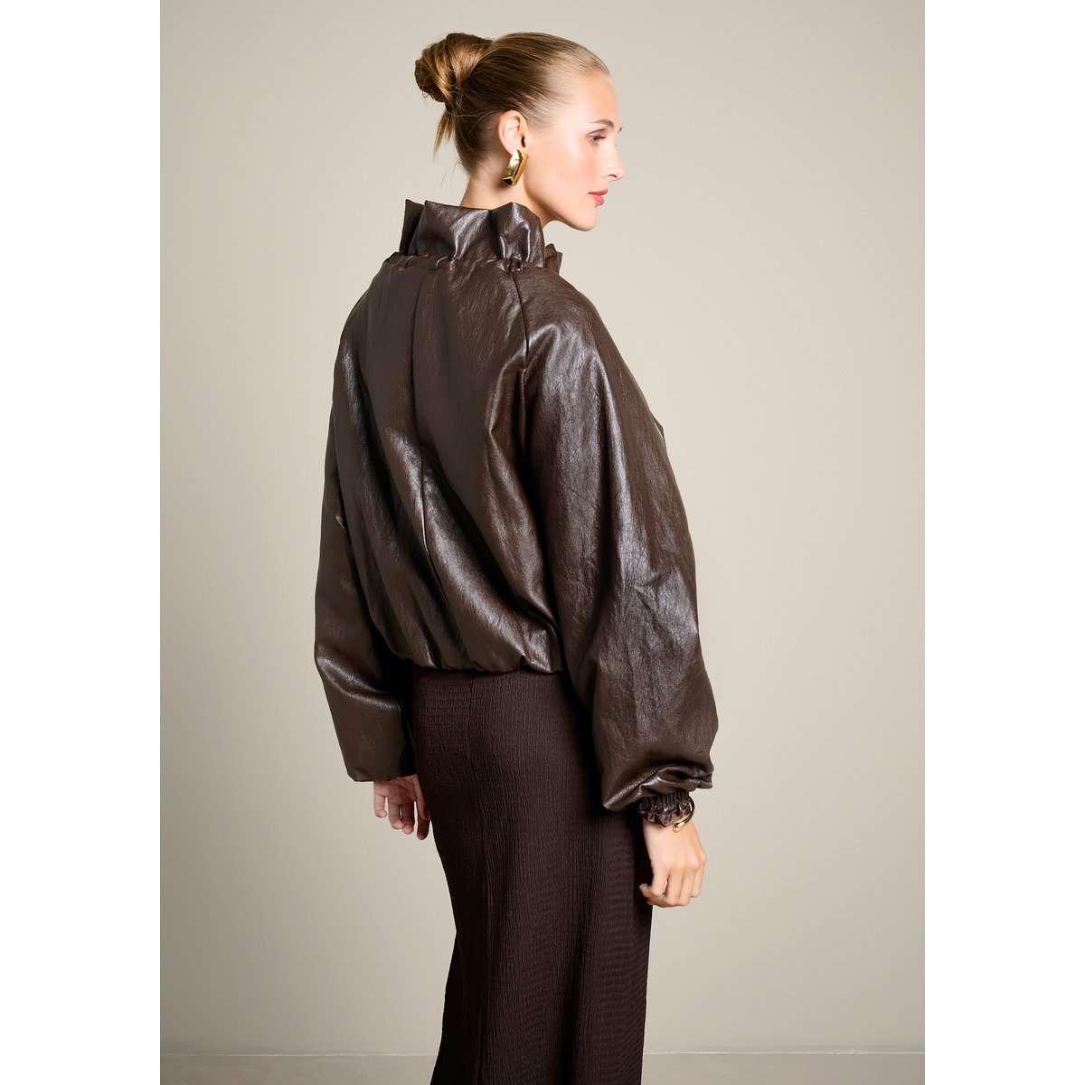 Bomber effet cuir col froncé brun fonce chocolate, LOLALIZA