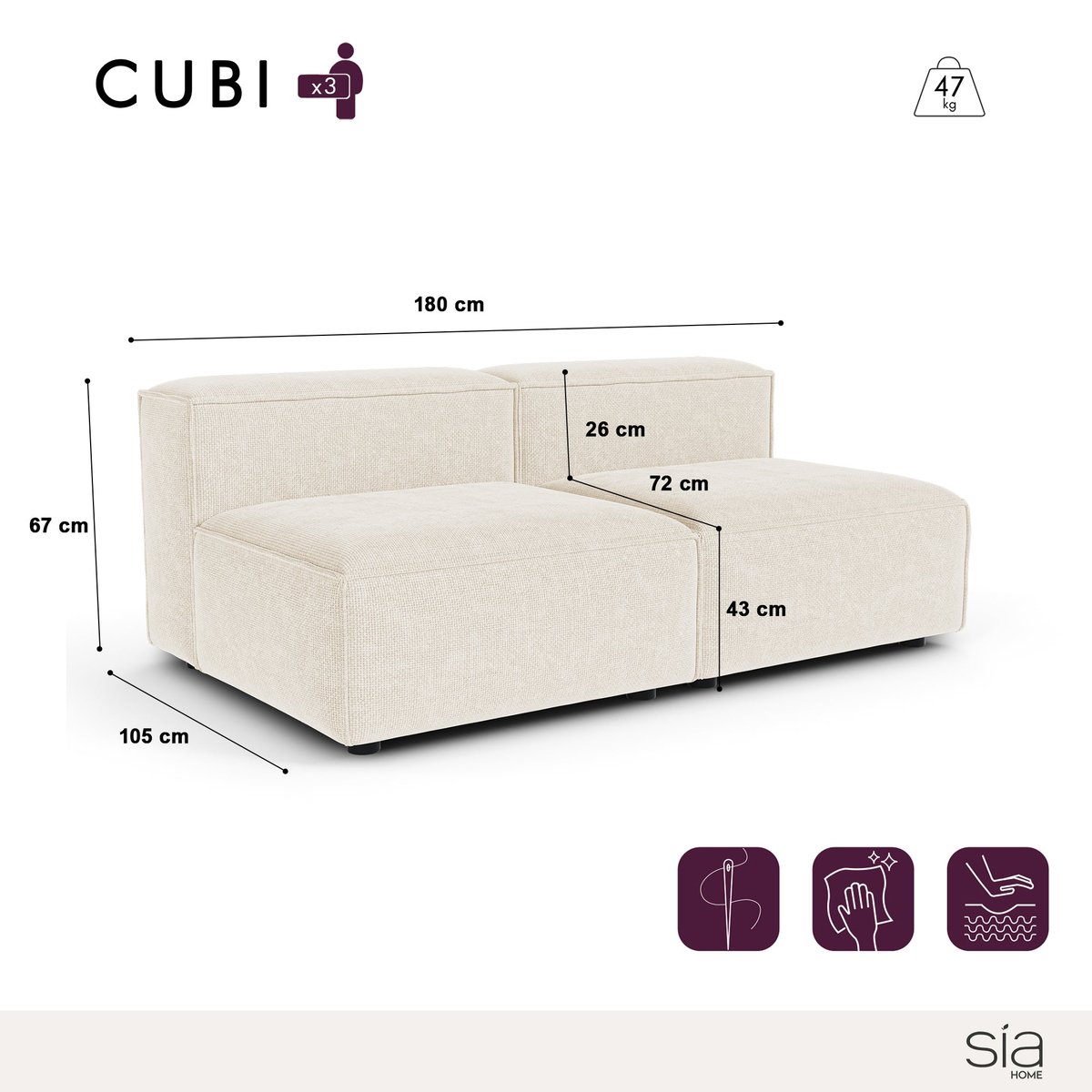 Canapé modulable 3 places en velours chenillé CUBI crème, SIA HOME