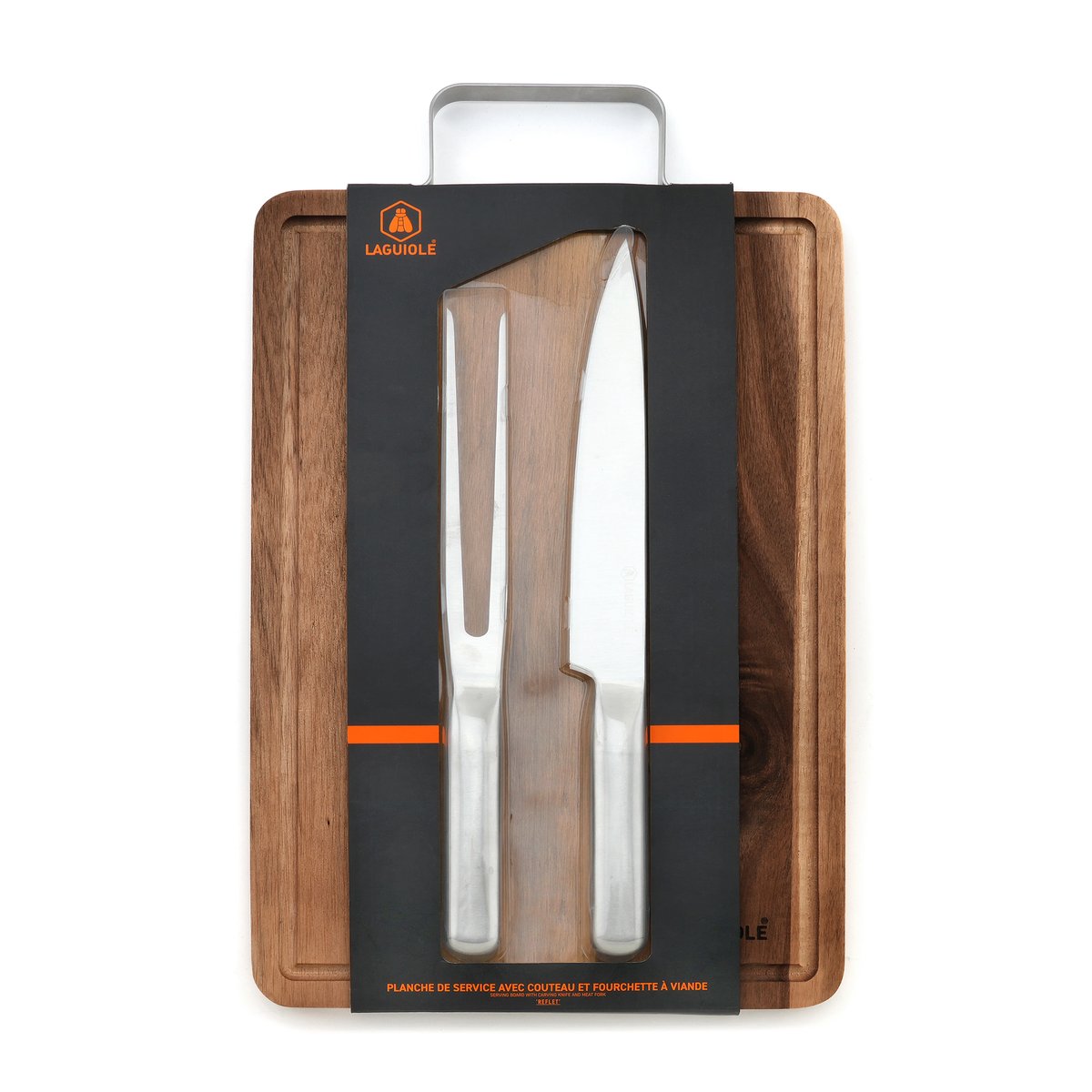 Planche à viande acacia + couteau et fourchette - Reflet bois / argent, LAGUIOLE CUISSON