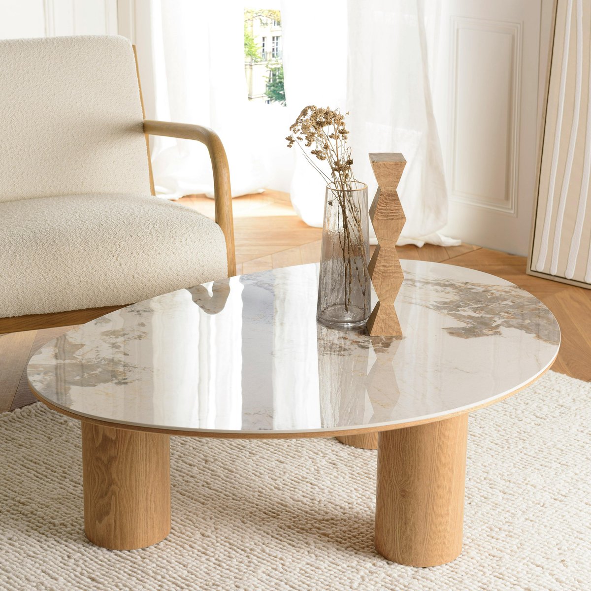 Table basse 110x80cm plateau céramique pieds bois clair LINEA blanc, PIER IMPORT