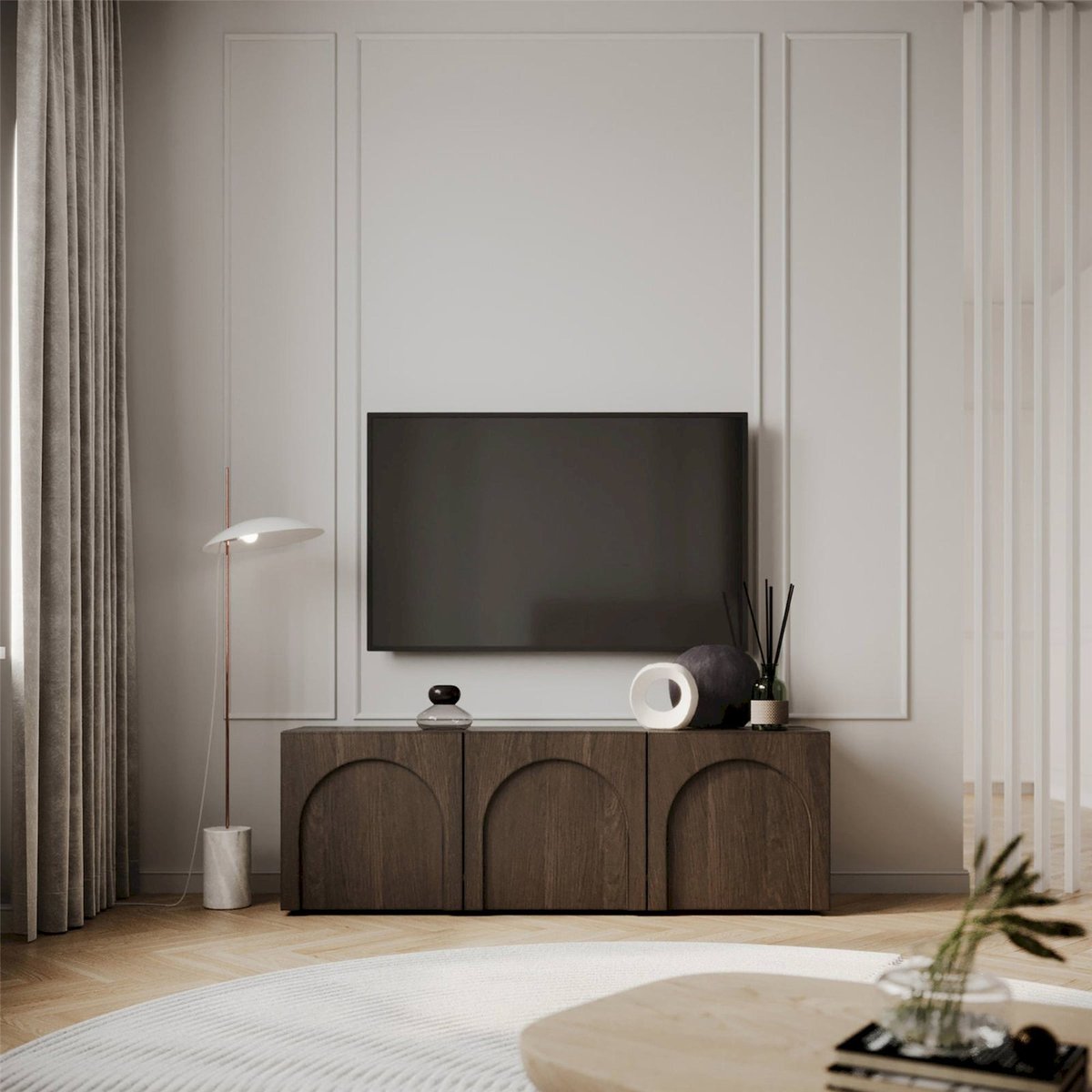 Meuble tv trois portes façades arquées ARKADIA cashmere mat, RECOLLECTION