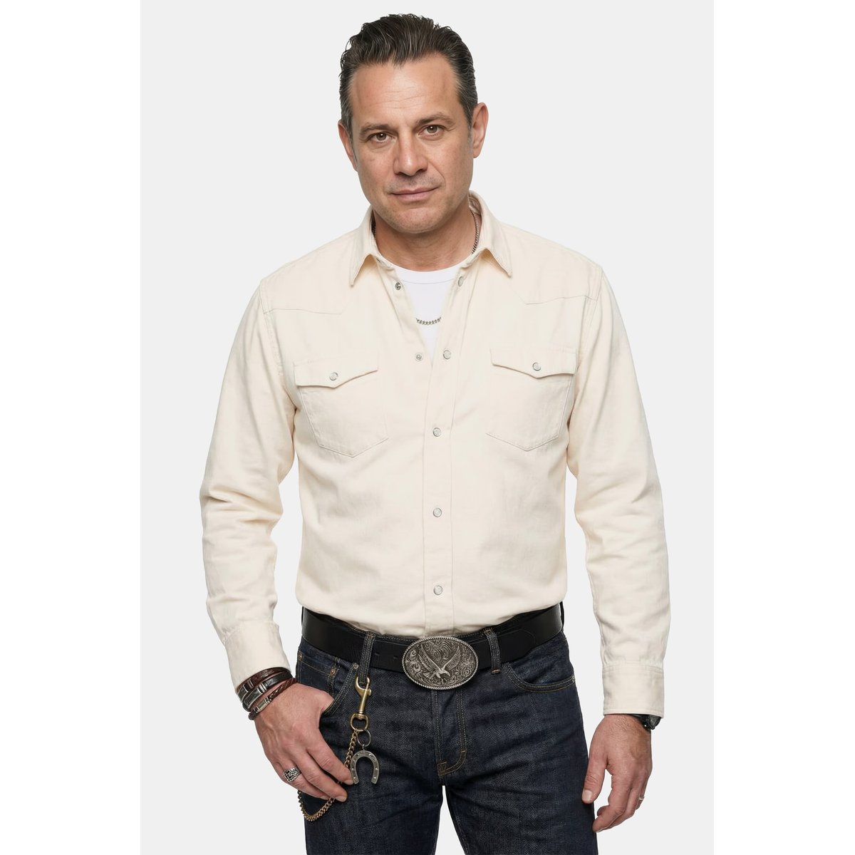 Chemise en jean, manches longues et col Kent blanc cassé, JP1880