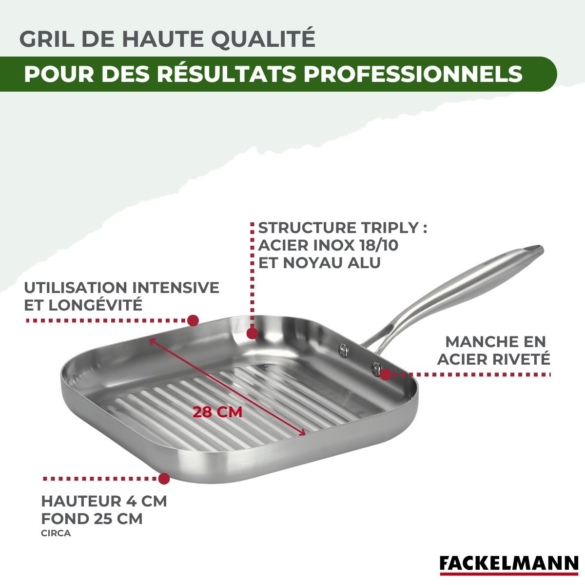 Gril 28 cm en inox 18/10 Triply VITA3 inox, FACKELMANN