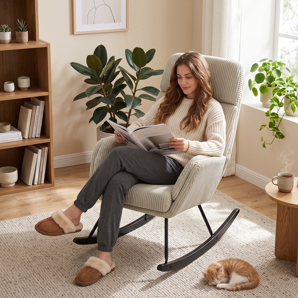 Fauteuil à bascule Velours côtelé (100% beige, HOMCOM