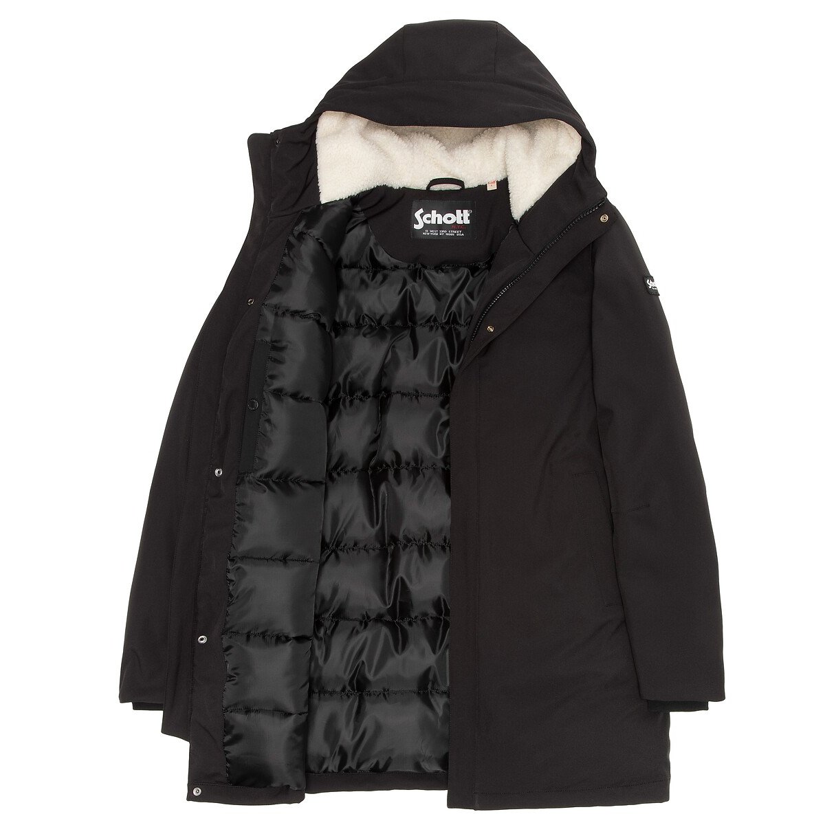 Manteau ELJIN doublé doudoune et capuche sherpa noir, SCHOTT