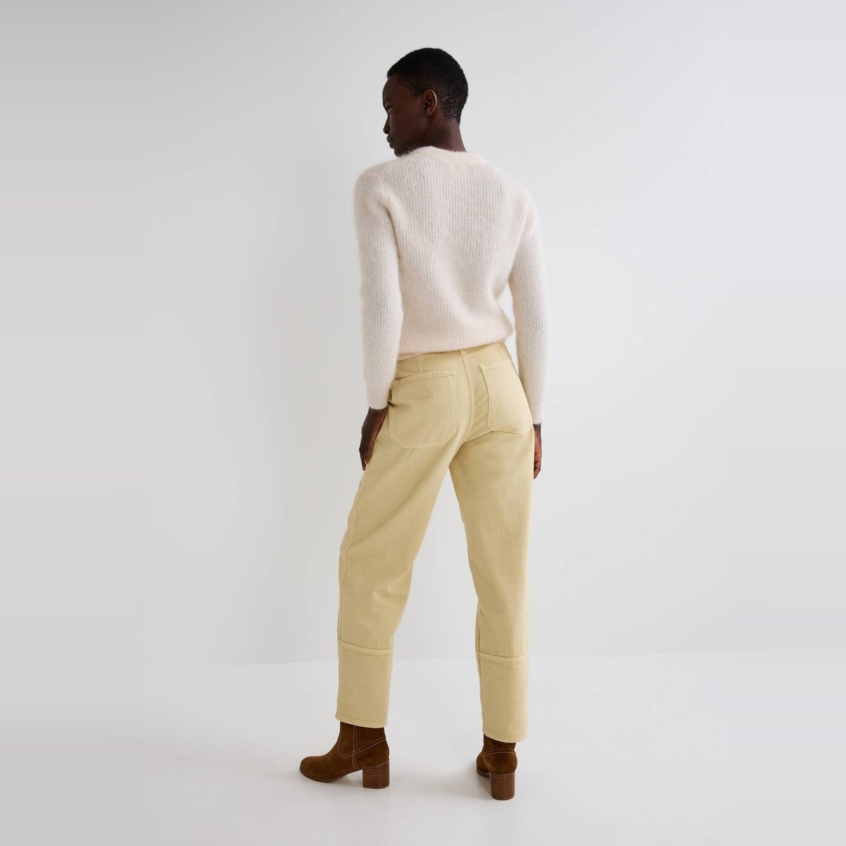 Pantalon carotte large uni en coton levrier, MONOPRIX