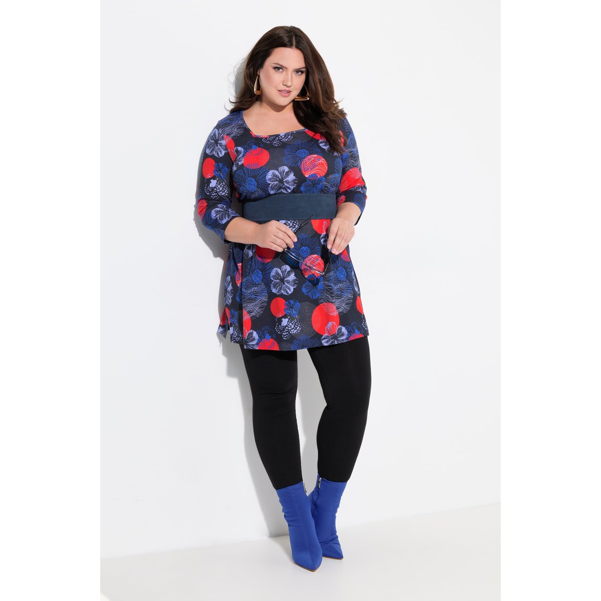 T-shirt long, décolleté carré et manches 3/4 noir, ULLA POPKEN