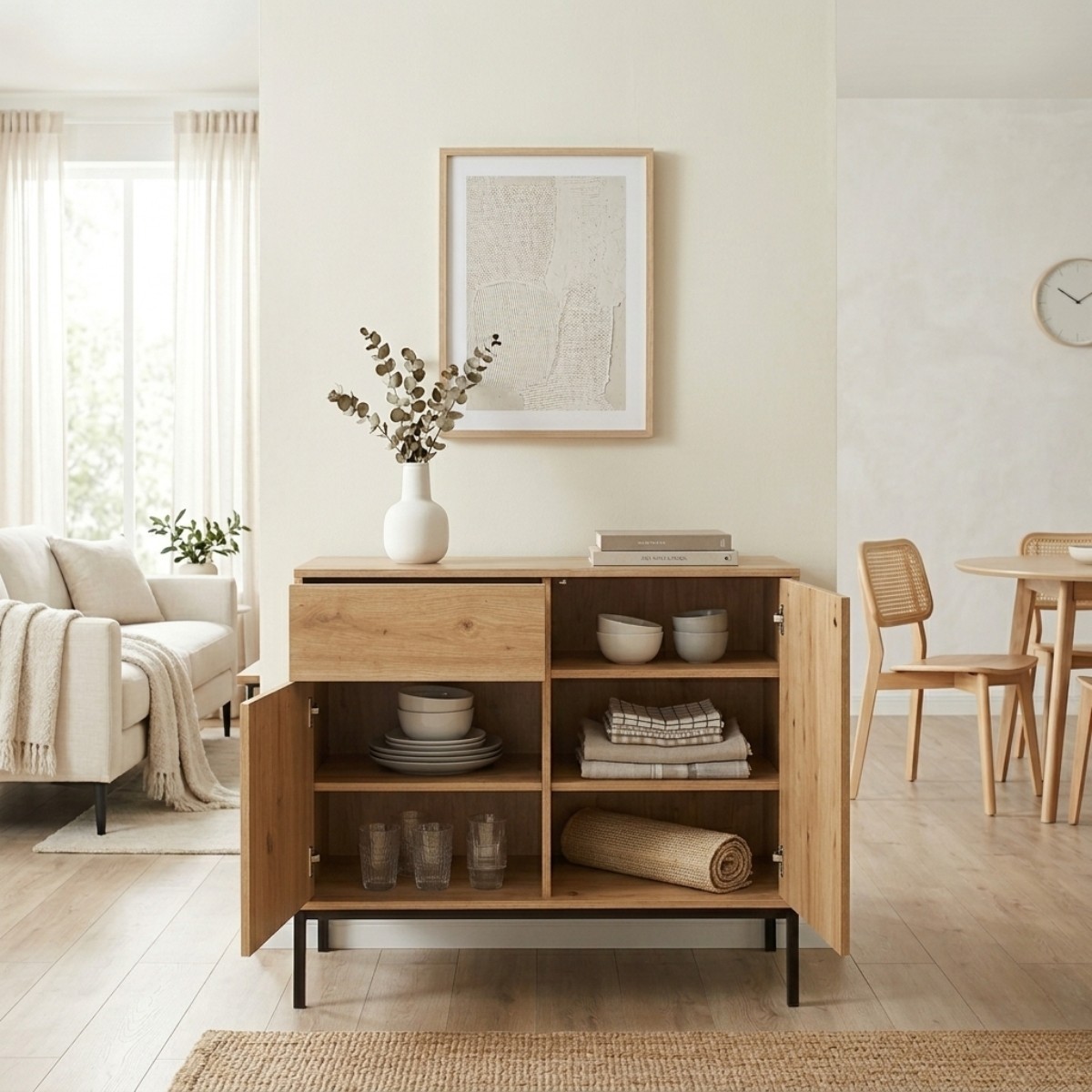 Buffet 2 Portes 2 Tiroirs Décor Chêne L90 x H80 cm - LENNY chêne, CALICOSY