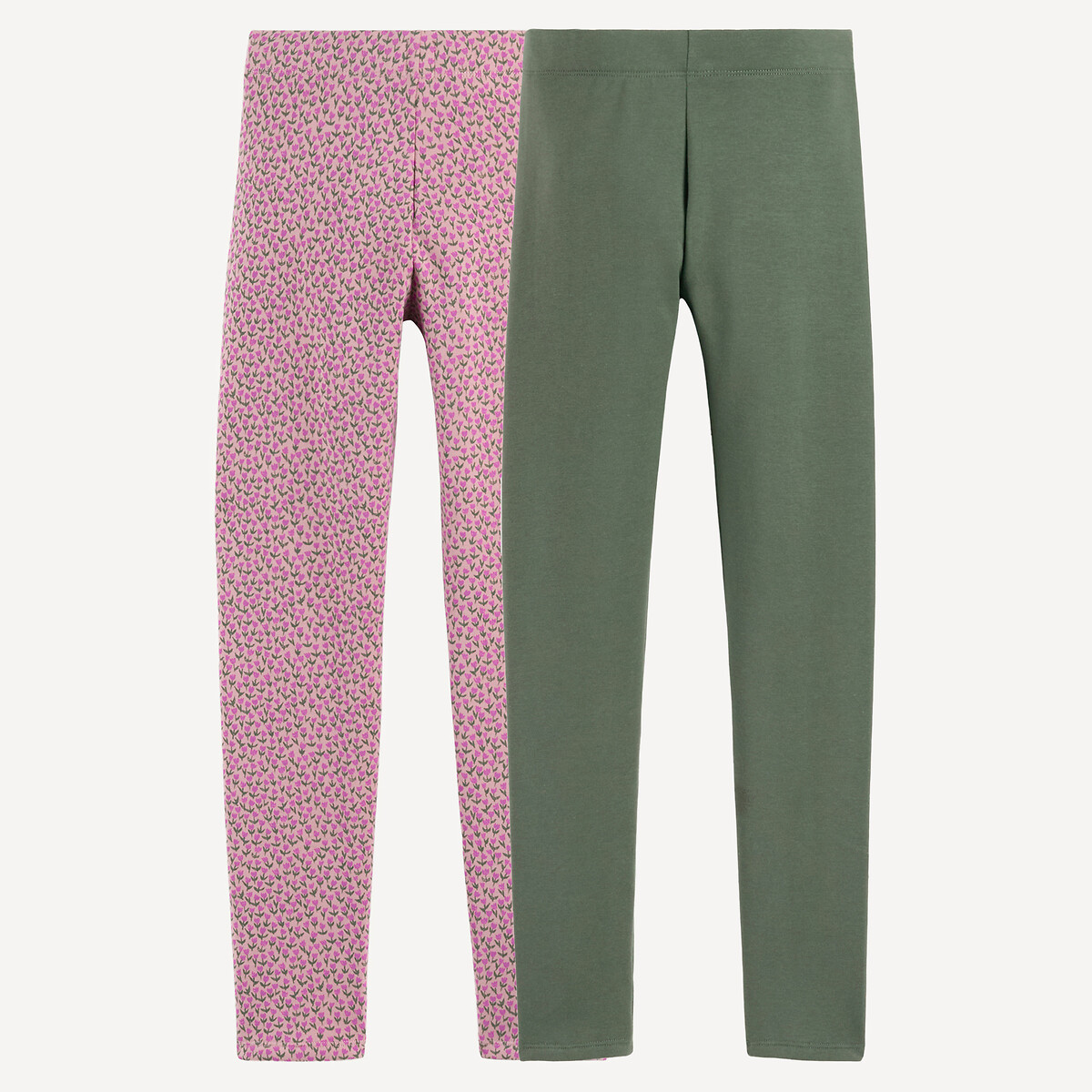 Pack of 2 Warm Leggings, Floral Print/Plain khaki+pink print, LA REDOUTE COLLECTIONS