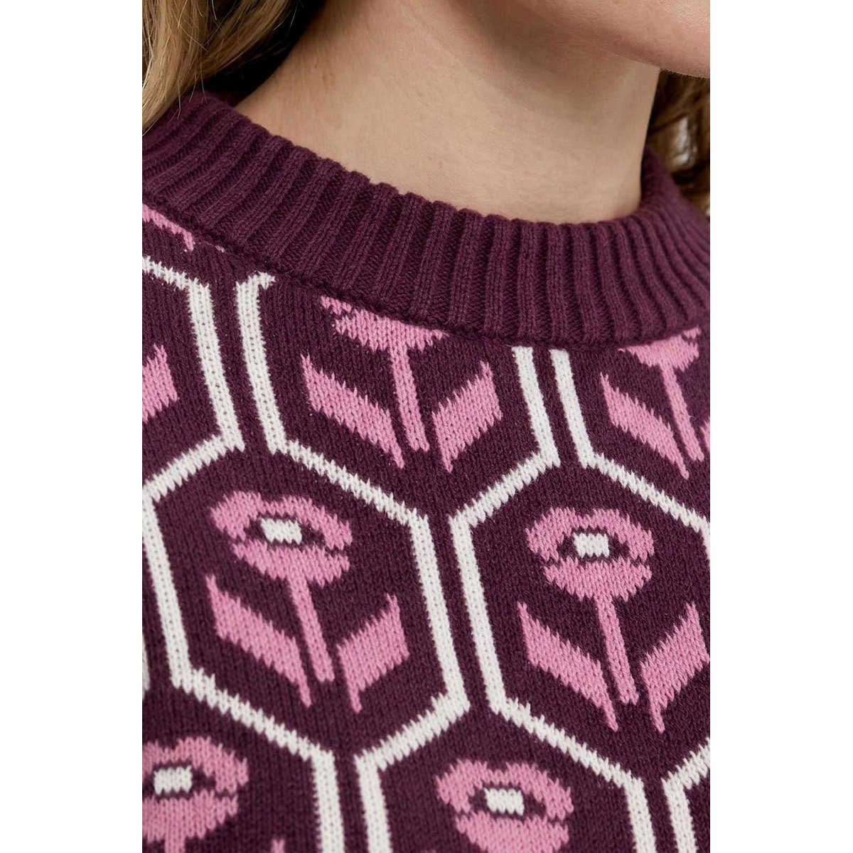 Pull en coton bio, motif à fleurs bordeaux, ULLA POPKEN