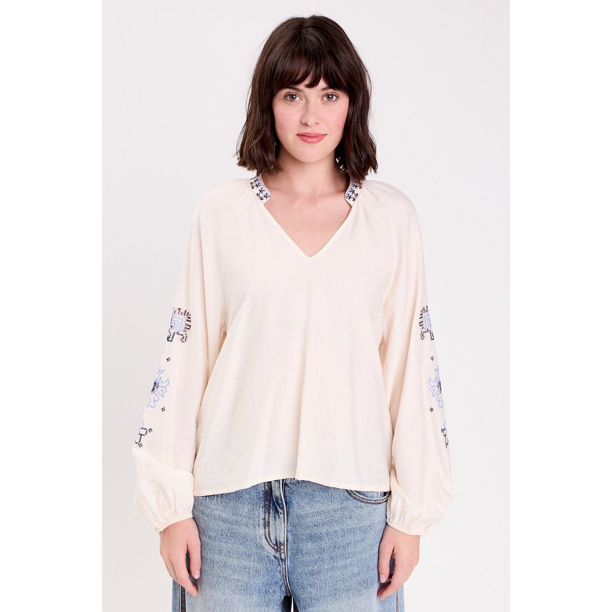 Blouse oversize col v manches longues ecru, CACHE CACHE