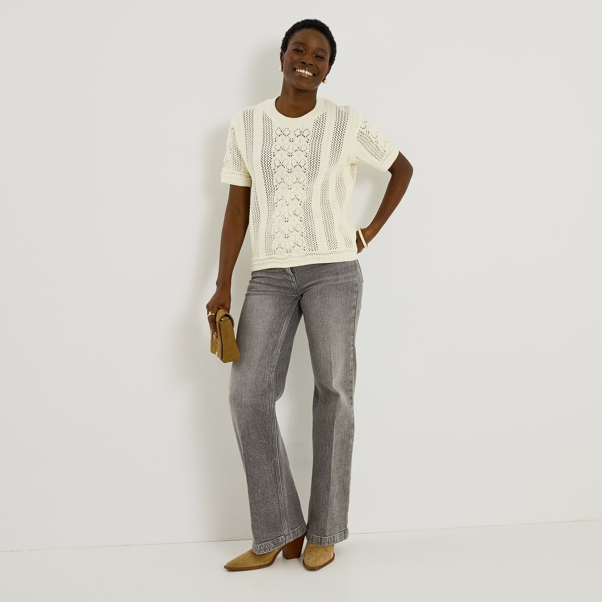 Pull manches courtes blanc cassé ecru, GRAIN DE MALICE