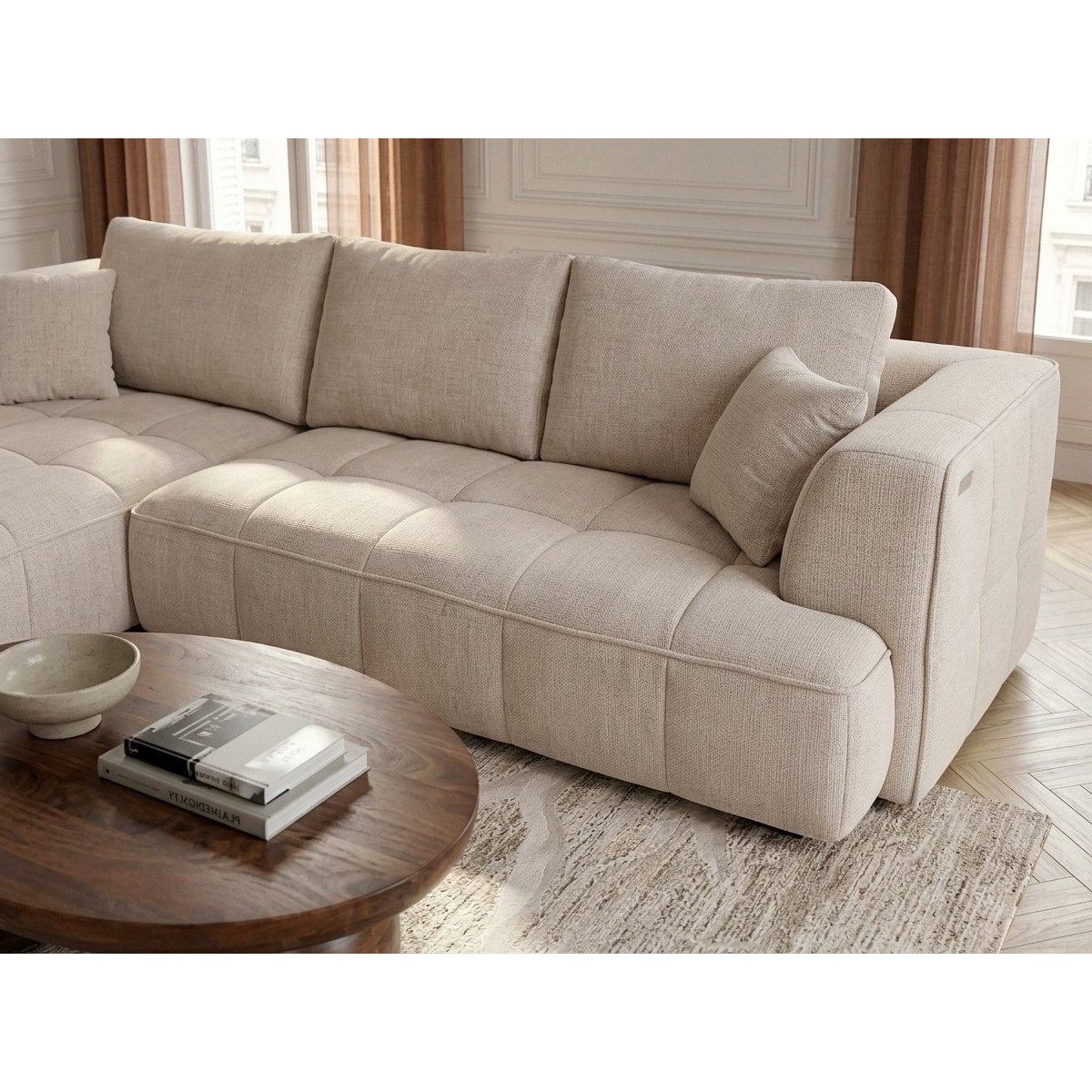 Canapé droit convertible 3 places en tissu lisse, CLOVIS beige, BOBOCHIC