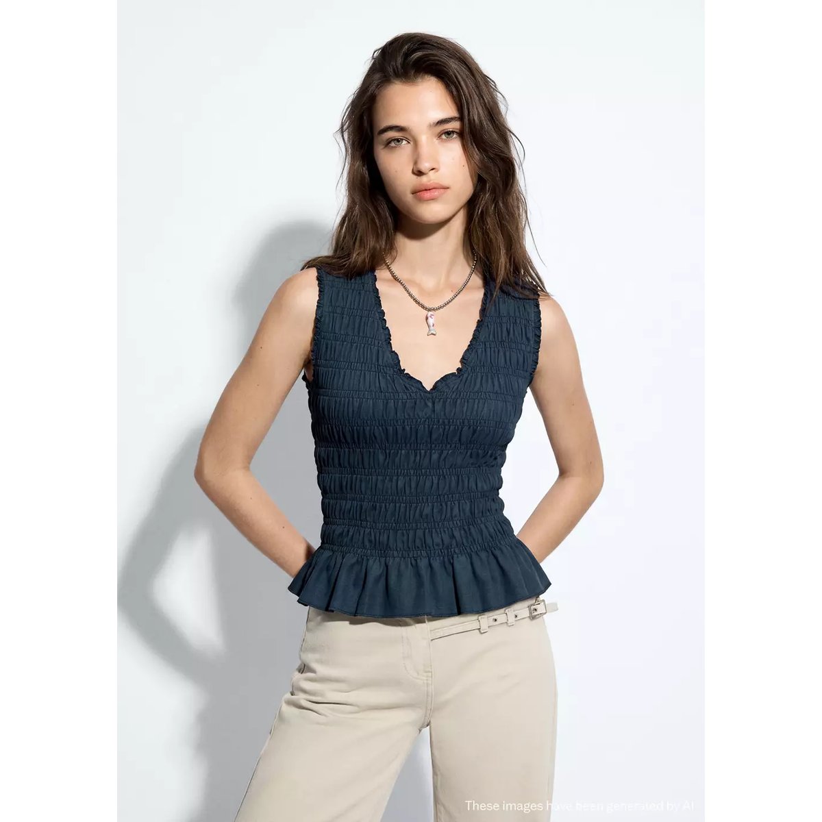 Top coton froncé bleu marine, MANGO TEEN