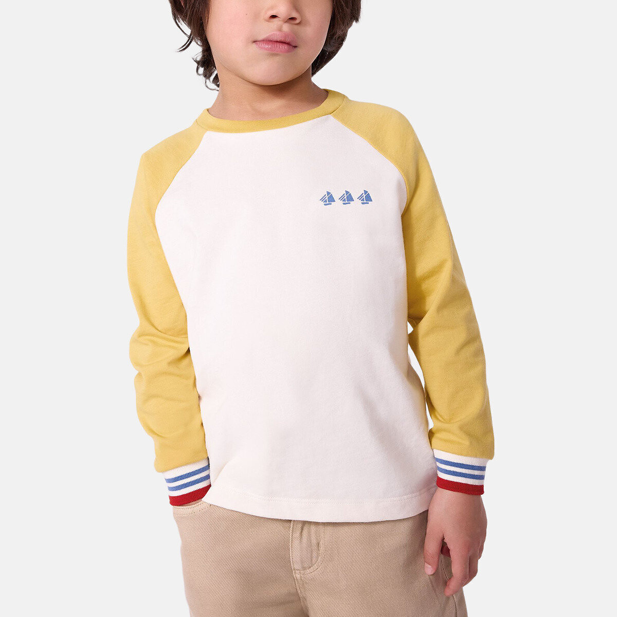 T-shirt manches longues en coton colorblock ecru/jaune, PETIT BATEAU
