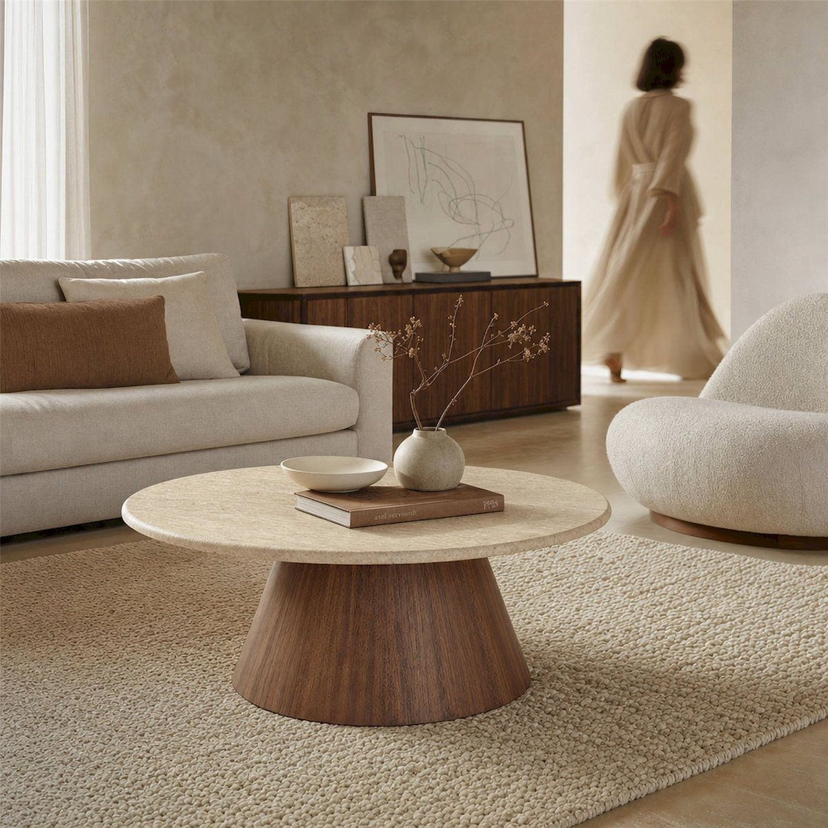 Table basse ronde marbre collection S.DUNE beige et noyer brun, RECOLLECTION