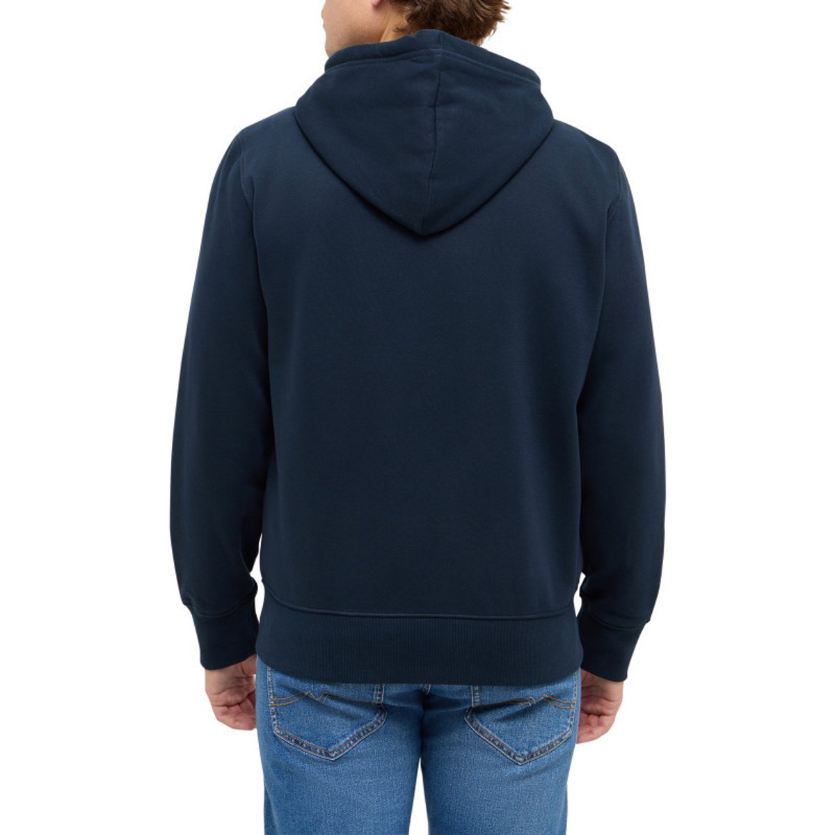 Sweat zippé en coton mélangé marine uni avec une coupe droite et une capuche bleu foncé, MUSTANG