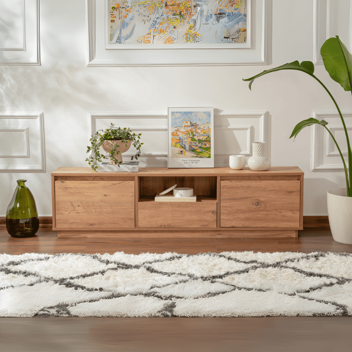 Meuble TV 3 portes rabattables et 1 niche ouverte L160 cm - VANGUARD pin atlantique, CALICOSY