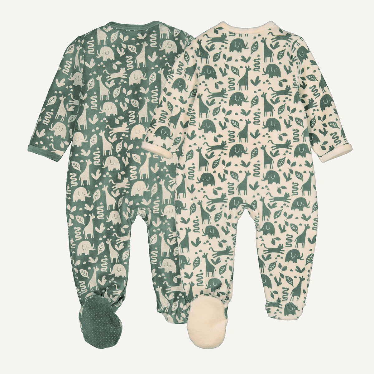 Lot de 2 pyjamas en velours, ouverture devant, motif savane vert/écru, LA REDOUTE COLLECTIONS