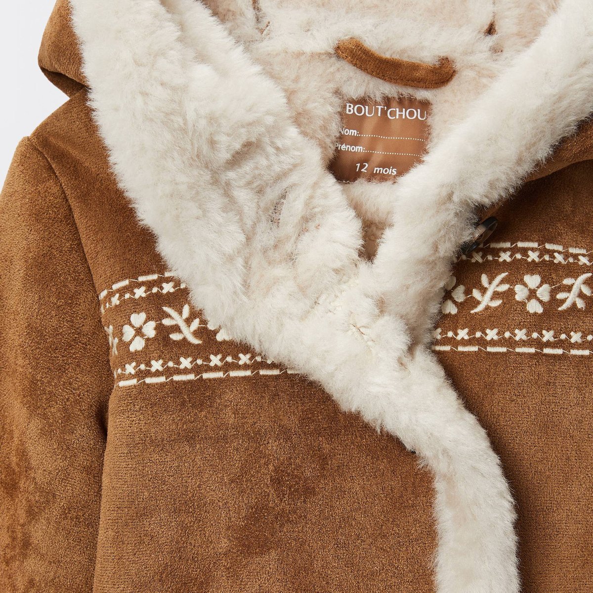 Veste à capuche unie en faux daim intérieur imitation fourrure boutis, BOUT'CHOU