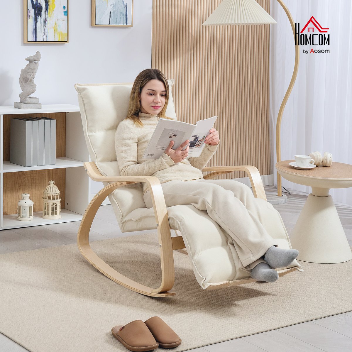 Fauteuil à bascule Lin (100% polyester) Blanc crème, HOMCOM